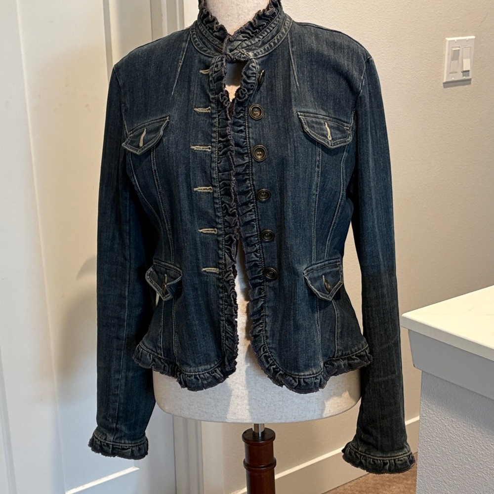 INC Ruffled Dark Denim Jacket - Women Size Large